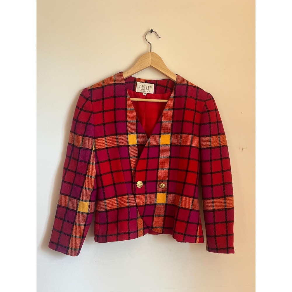Petite Sophisticate Vintage Y2K Wool Plaid Blazer Red Pink Gold Button Jacket 6P